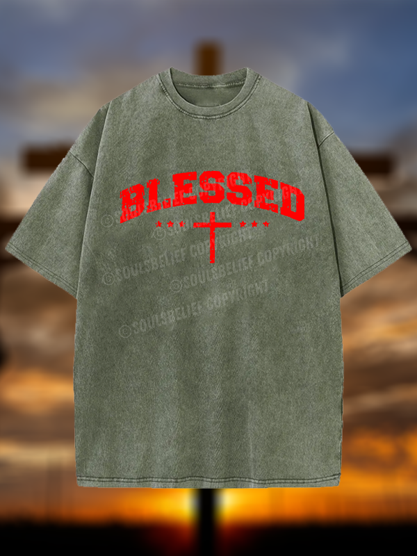 Blessed Cross  Christian Washed T-Shirt
