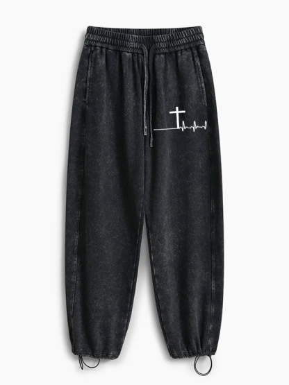 ECG Cross Jesus God Christian Washed Sweatpants               