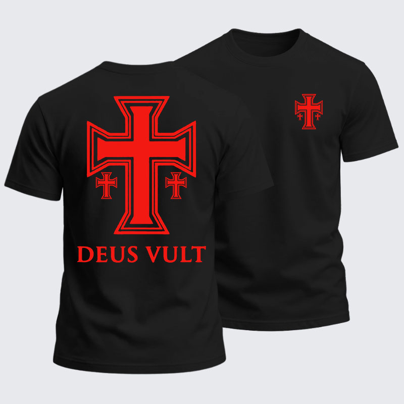 Heavyweight Cotton Tee - Deus Vult Crusader Cross Templar Jerusalem