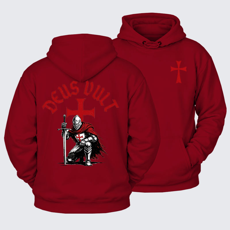 Plush Fleece-Lined Hoodie - Templar Knight Crusader Deus Vult
