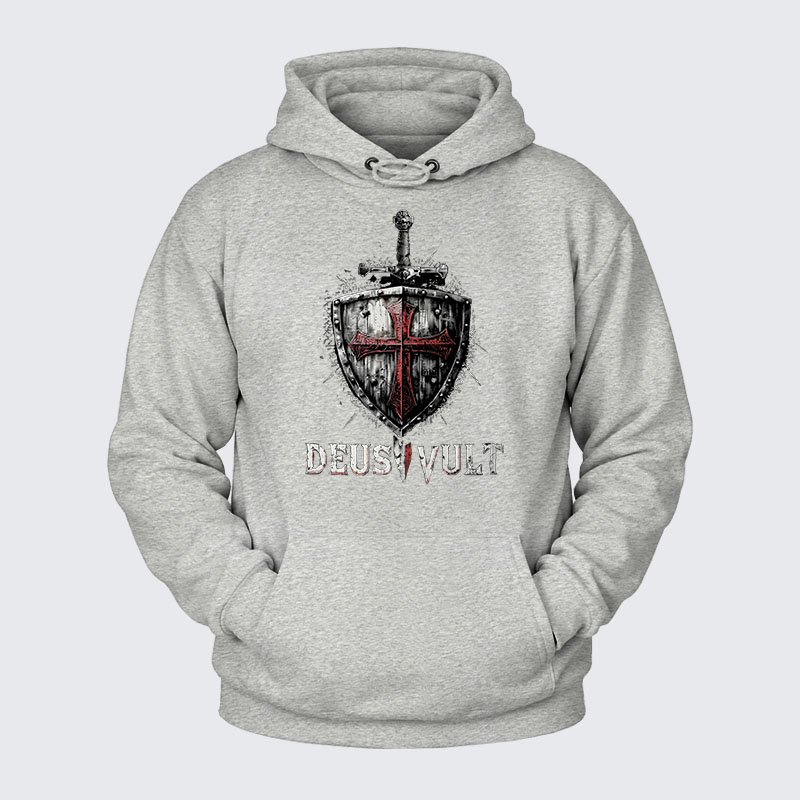 Plush Fleece-Lined Hoodie - Deus Vult Crusader Shield Templar Cross