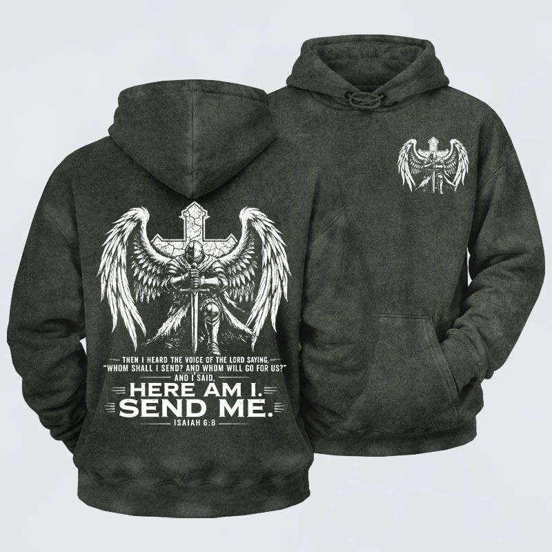 Washed Hoodie -   Here I Am Send Me Isaiah 6:8 Knight Templar Crusader