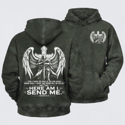 Washed Hoodie -   Here I Am Send Me Isaiah 6:8 Knight Templar Crusader
