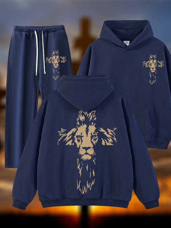 Lion Cross Jesus God Christian Plush Fleece-Lined Hoodie Set