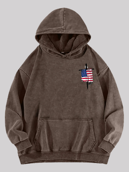 Faith Flag Cross Print  Jesus God Christian Washed Hoodie