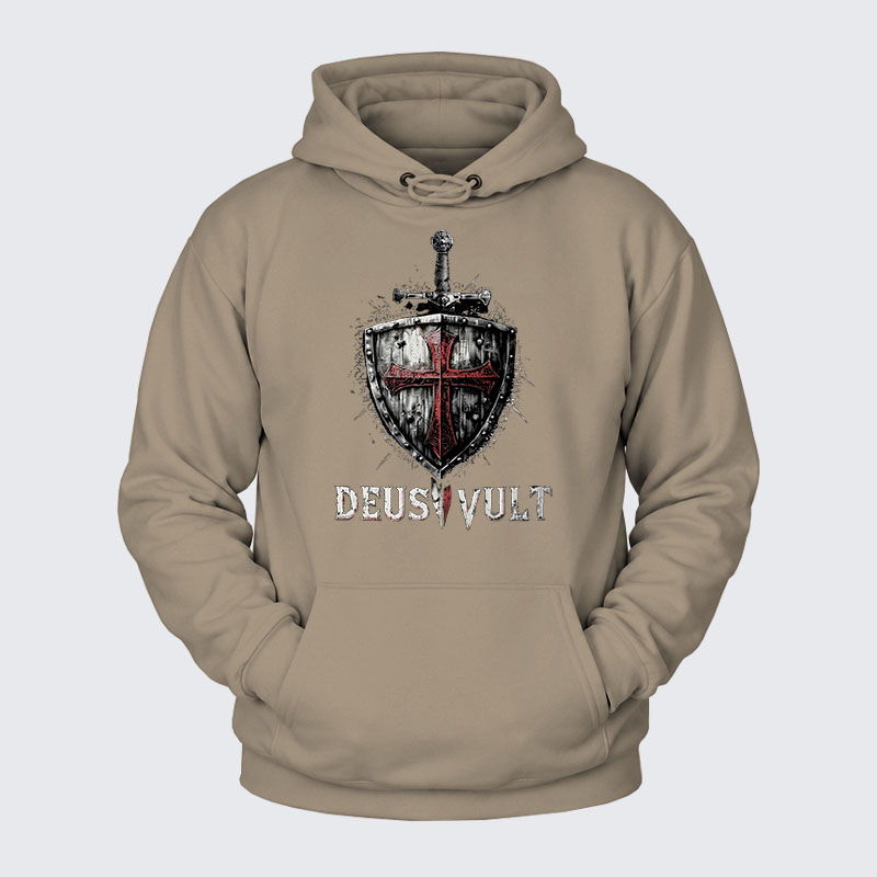 Plush Fleece-Lined Hoodie - Deus Vult Crusader Shield Templar Cross