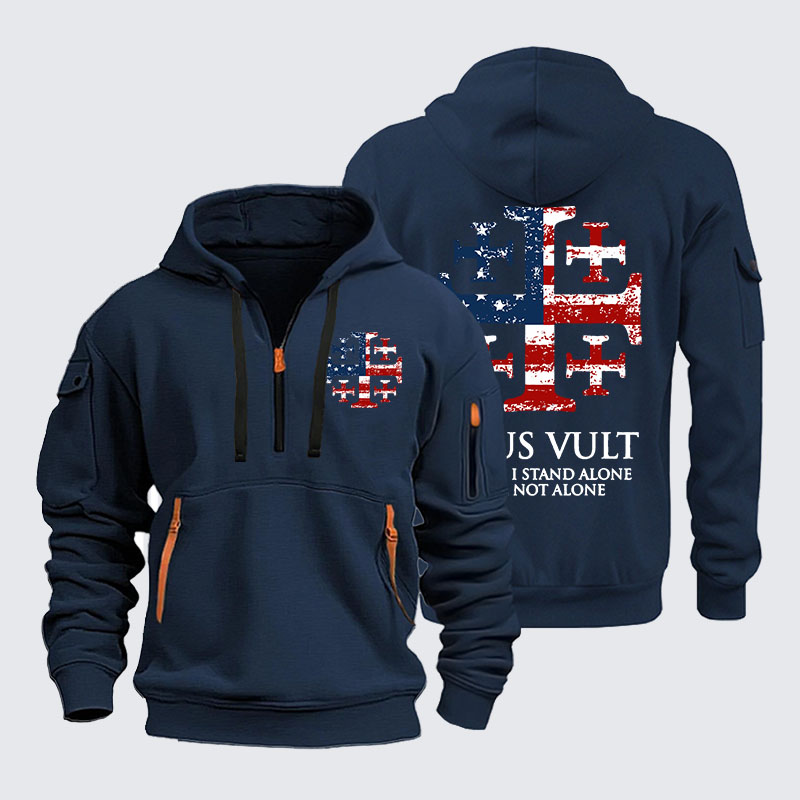 Zipper Hoodies -  Deus Vult Jerusalem Cross Usa Flag Even If I Stand Alone, I Am Not Alone