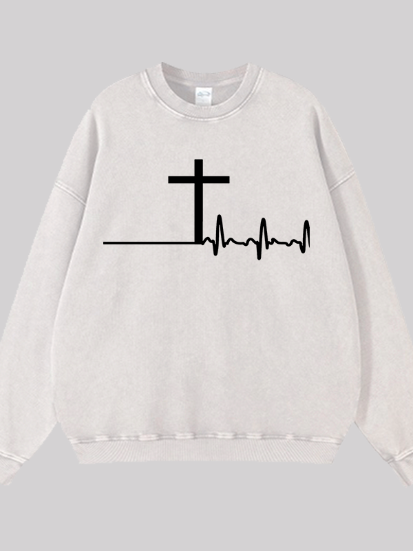 ECG Cross Jesus God Christian Washed Sweatshirt