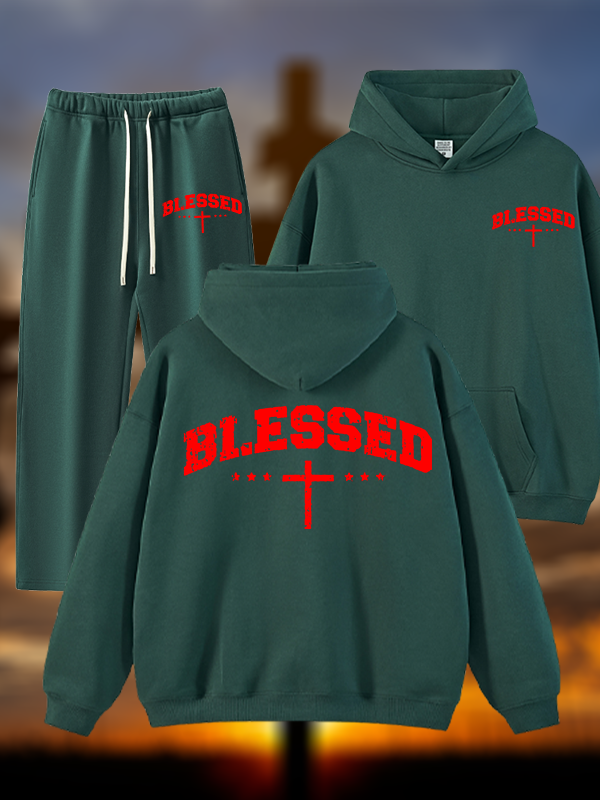 Blessed Cross Jesus God Christian Plush Fleece-Lined Hoodie Set