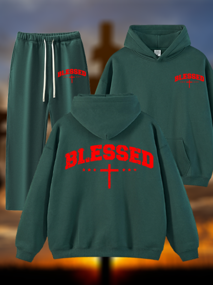 Blessed Cross Jesus God Christian Plush Fleece-Lined Hoodie Set