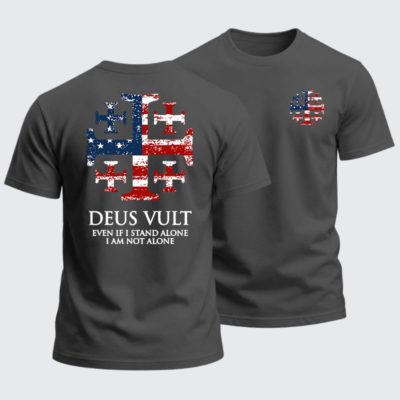 Heavyweight Cotton Tee -  Deus Vult Jerusalem Cross Usa Flag Even If I Stand Alone, I Am Not Alone