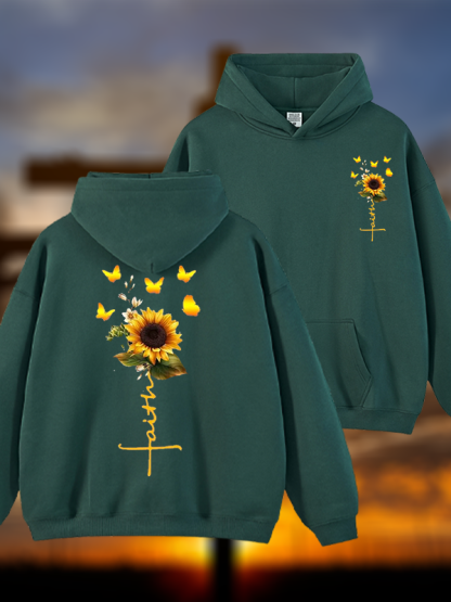 Sunflower Faith Religious Jesus God Christian Plush Fleece-Lined Hoodie