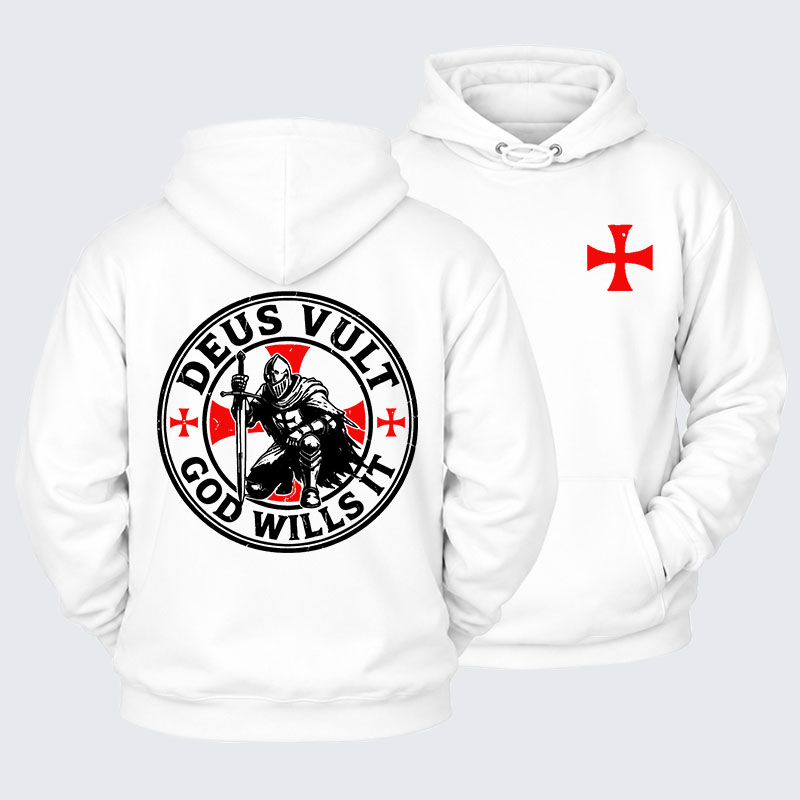 Plush Fleece-Lined Hoodie - Deus Vult Crusader Shield Templar Cross