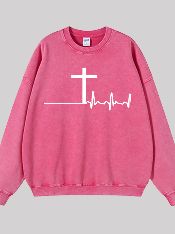 ECG Cross Jesus God Christian Washed Sweatshirt