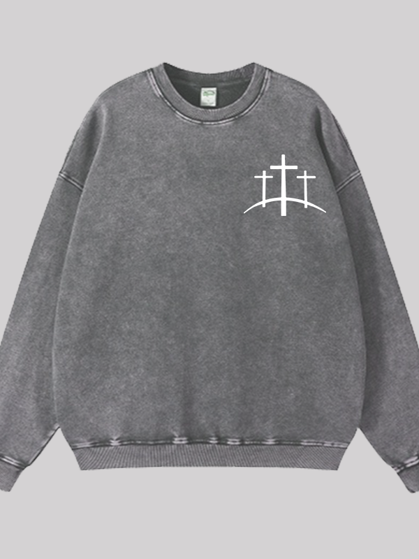Cross Printed Jesus God Christian Washed Sweatshirt