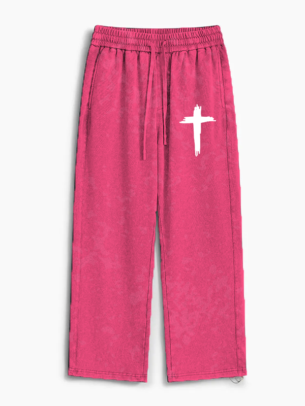 Cross Printed Jesus God Christian Washed Sweatpants