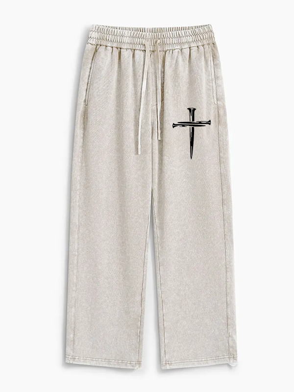 Cross Printed Jesus God Christian Washed Sweatpants