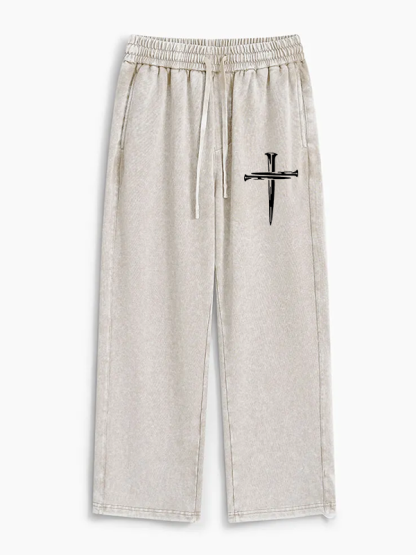 Cross Printed Jesus God Christian Washed Sweatpants