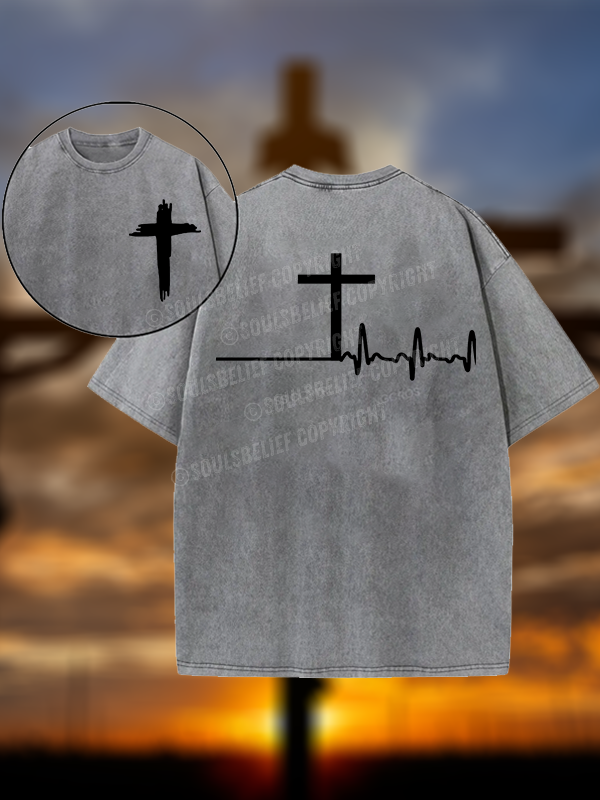 ECG Cross Christian Washed T-Shirt