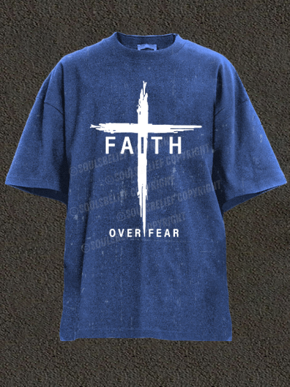 Faith Over Fear Cross Christian Washed T-Shirt