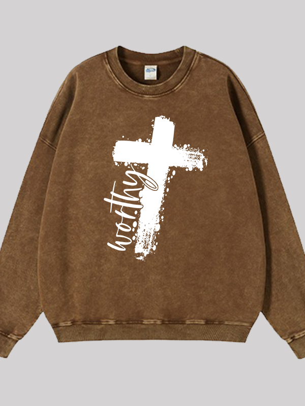 Worthy Cross Print  Jesus God Christian Washed Sweatshirt