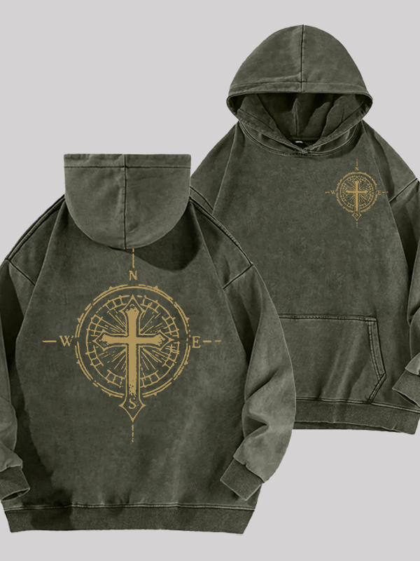 Cross Compass  Jesus God Christian Washed Hoodie