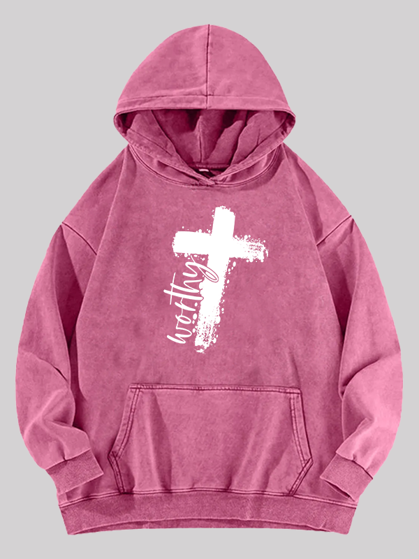 Worthy Cross  Jesus God Christian Washed Hoodie