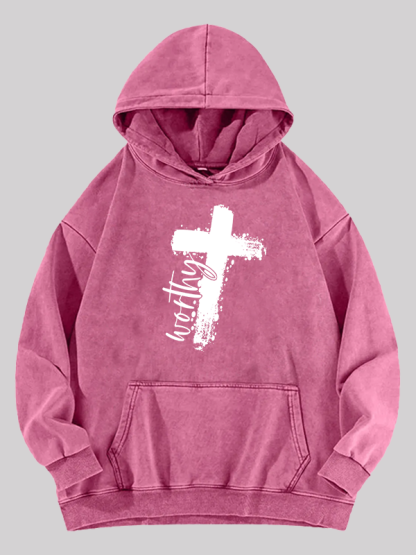 Worthy Cross  Jesus God Christian Washed Hoodie