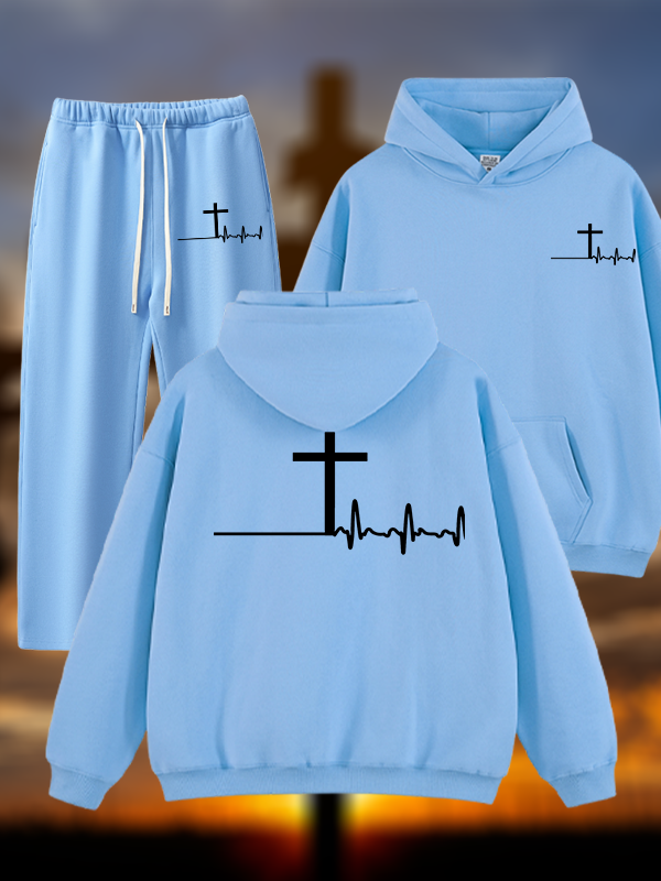 ECG Cross Jesus God Christian Plush Fleece-Lined Hoodie Set