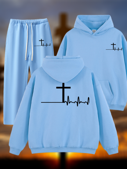 ECG Cross Jesus God Christian Plush Fleece-Lined Hoodie Set