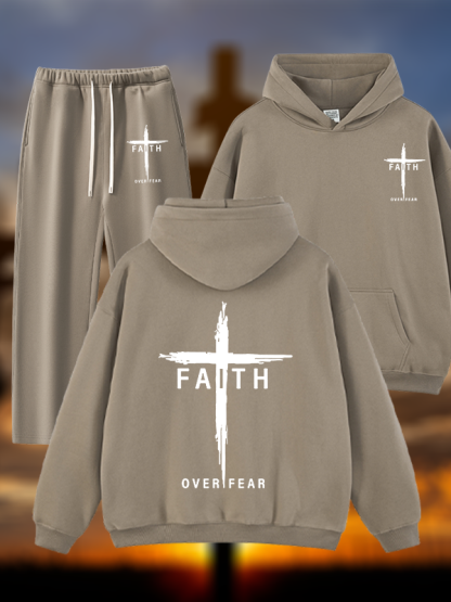 Faith Over Fear Cross Jesus God Christian Plush Fleece-Lined Hoodie Set