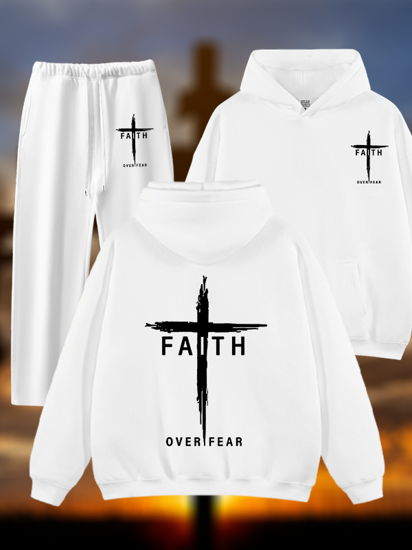 Faith Over Fear Cross Jesus God Christian Plush Fleece-Lined Hoodie Set