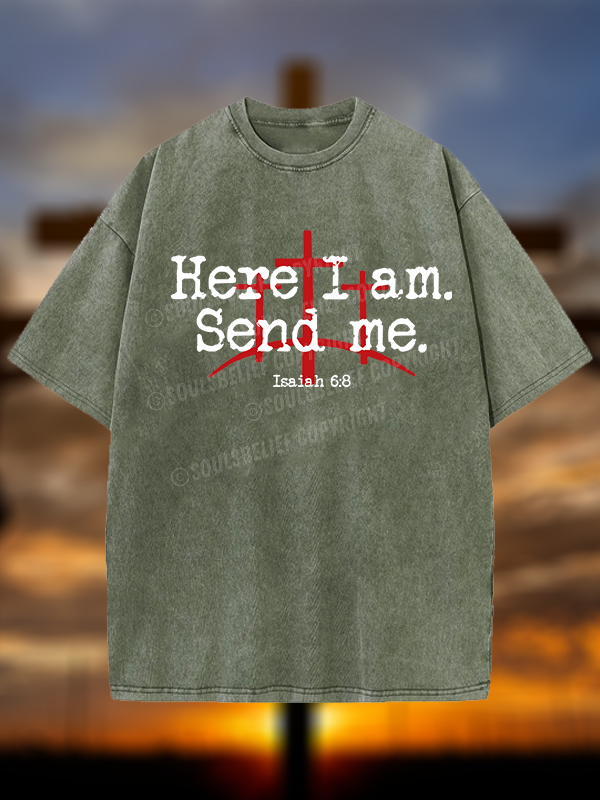Here I Am Send Me - Bible Verse Isaiah 6:8 Christian Washed T-Shirt