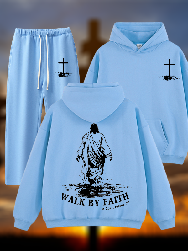Walk by Faith Jesus God Christian Plush Fleece-Lined Hoodie Set