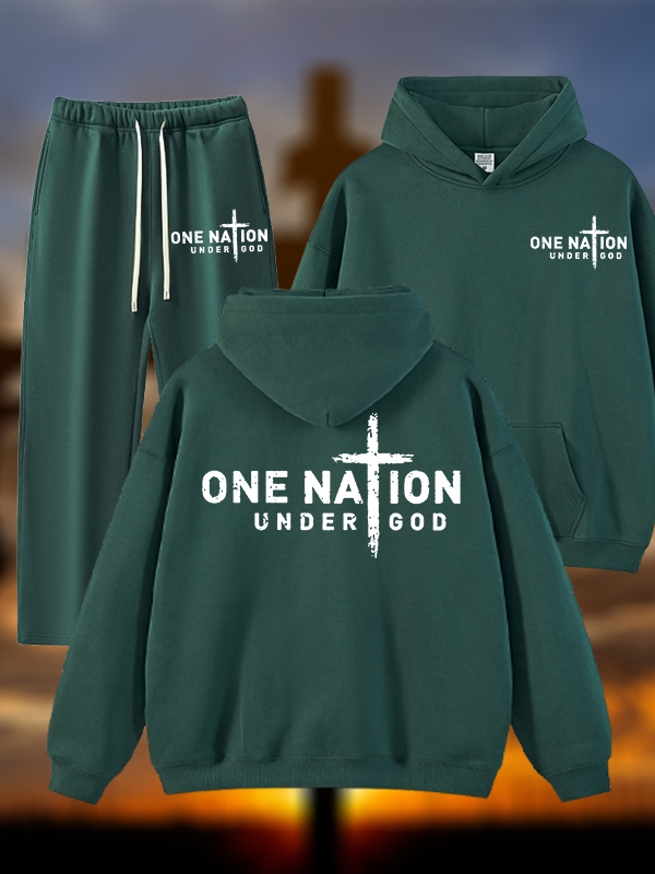One Nation Under God Cross Jesus God Christian Plush Fleece-Lined Hoodie Set
