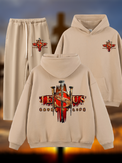 Jesus Saved My Life Jesus God Christian Plush Fleece-Lined Hoodie Set