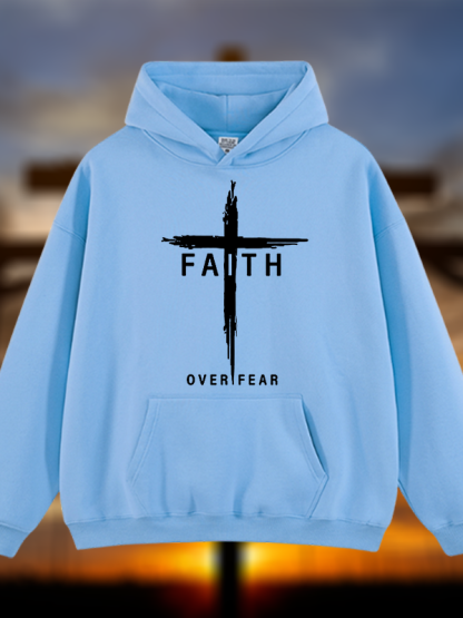Faith Over Fear Cross Jesus God Christian Plush Fleece-Lined Hoodie