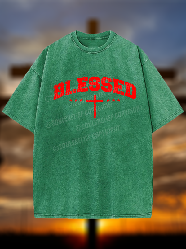 Blessed Cross  Christian Washed T-Shirt
