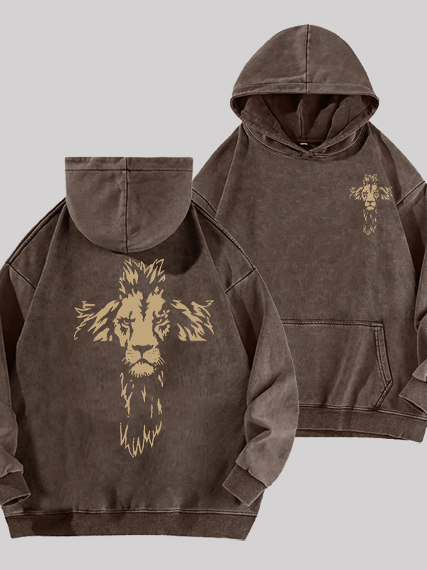 Lion Cross  Jesus God Christian Washed Hoodie