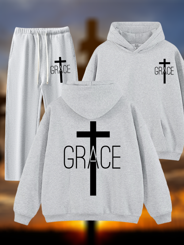 Grace Cross Jesus God Christian Plush Fleece-Lined Hoodie Set