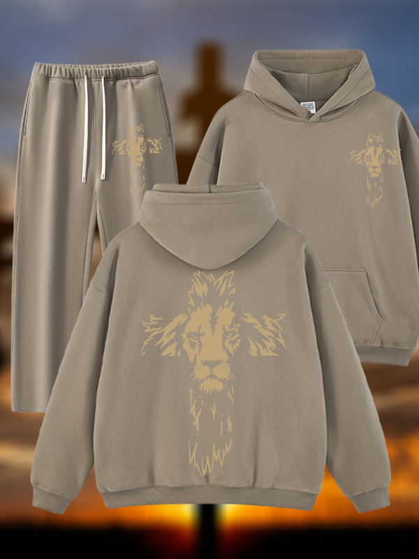 Lion Cross Jesus God Christian Plush Fleece-Lined Hoodie Set