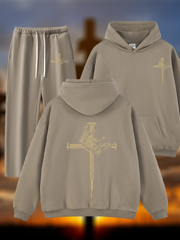Cross Crown Jesus God Christian Plush Fleece-Lined Hoodie Set