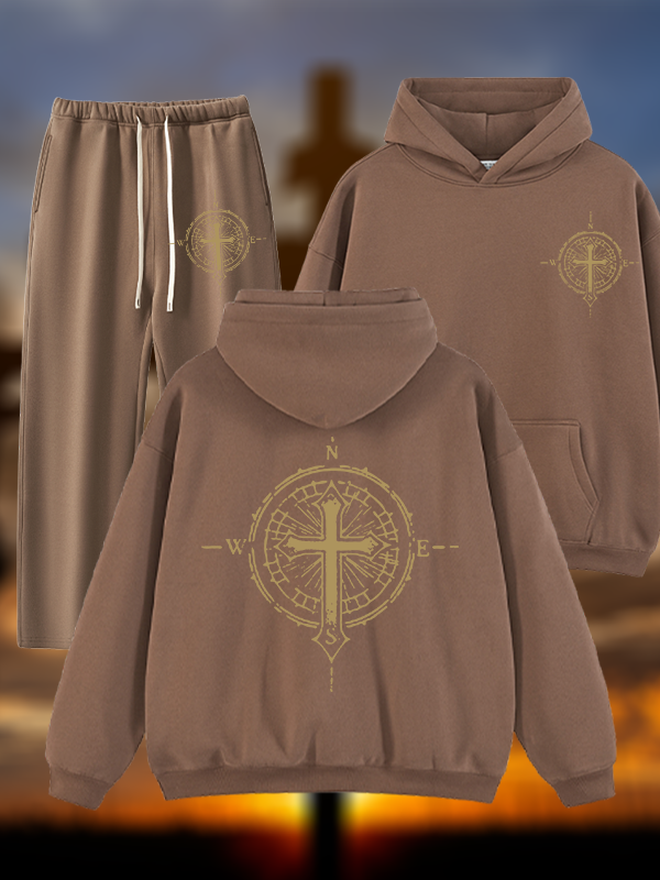 Cross Compass Jesus God Christian Plush Fleece-Lined Hoodie Set