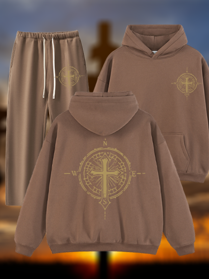 Cross Compass Jesus God Christian Plush Fleece-Lined Hoodie Set