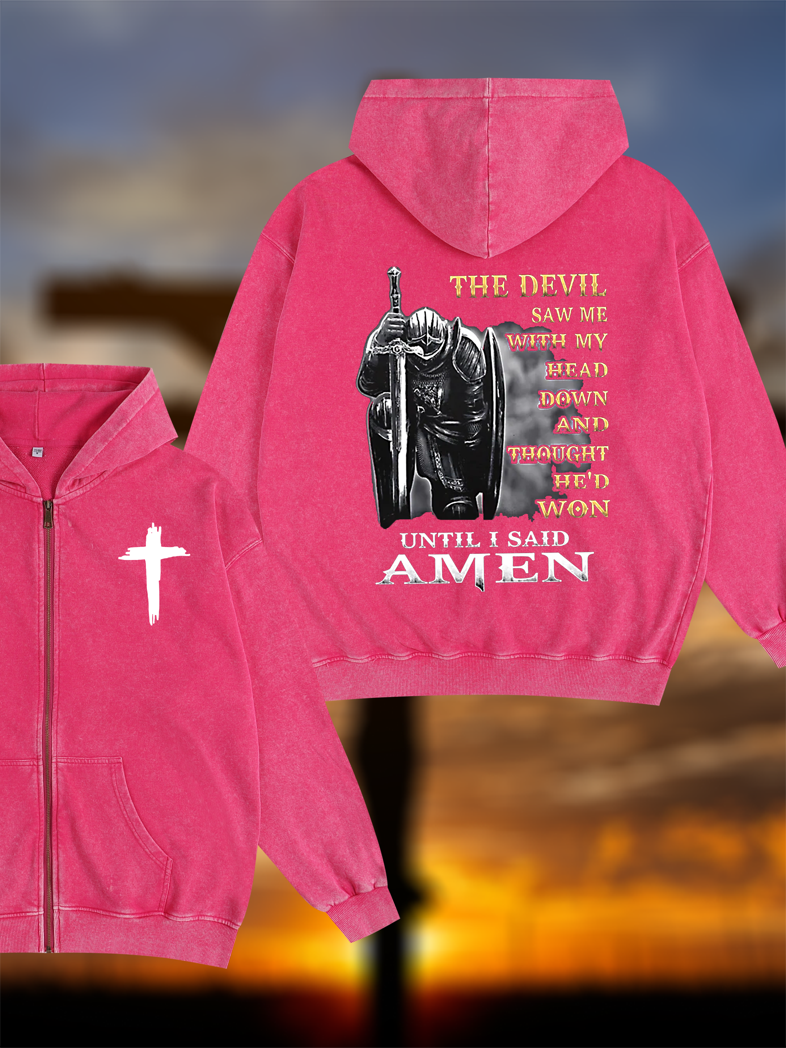 The Devil Saw Me with My Head Down and Thought He'd Won Until I Said Amen Jesus God Christian Washed Zip-Up Hoodie