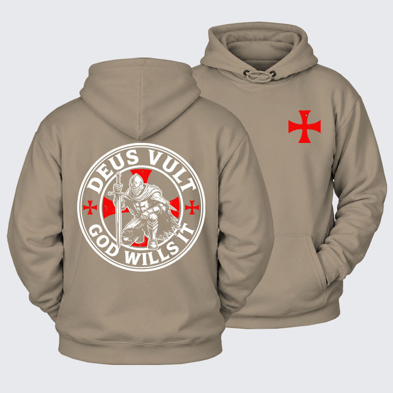 Plush Fleece-Lined Hoodie - Deus Vult Crusader Shield Templar Cross