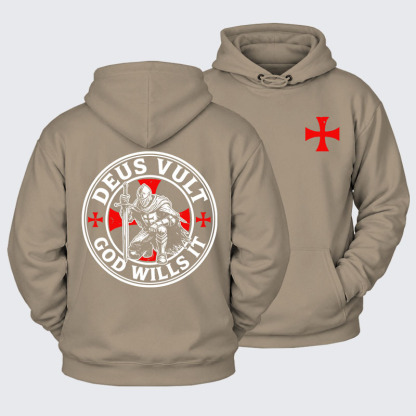 Plush Fleece-Lined Hoodie - Deus Vult Crusader Shield Templar Cross