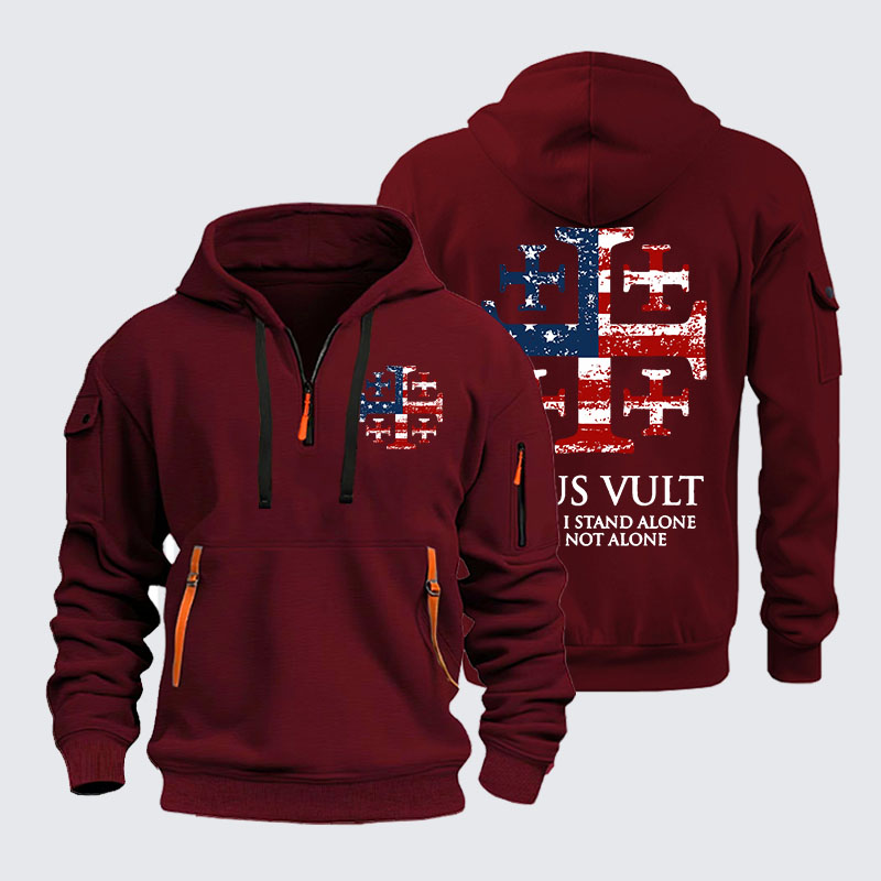 Zipper Hoodies -  Deus Vult Jerusalem Cross Usa Flag Even If I Stand Alone, I Am Not Alone