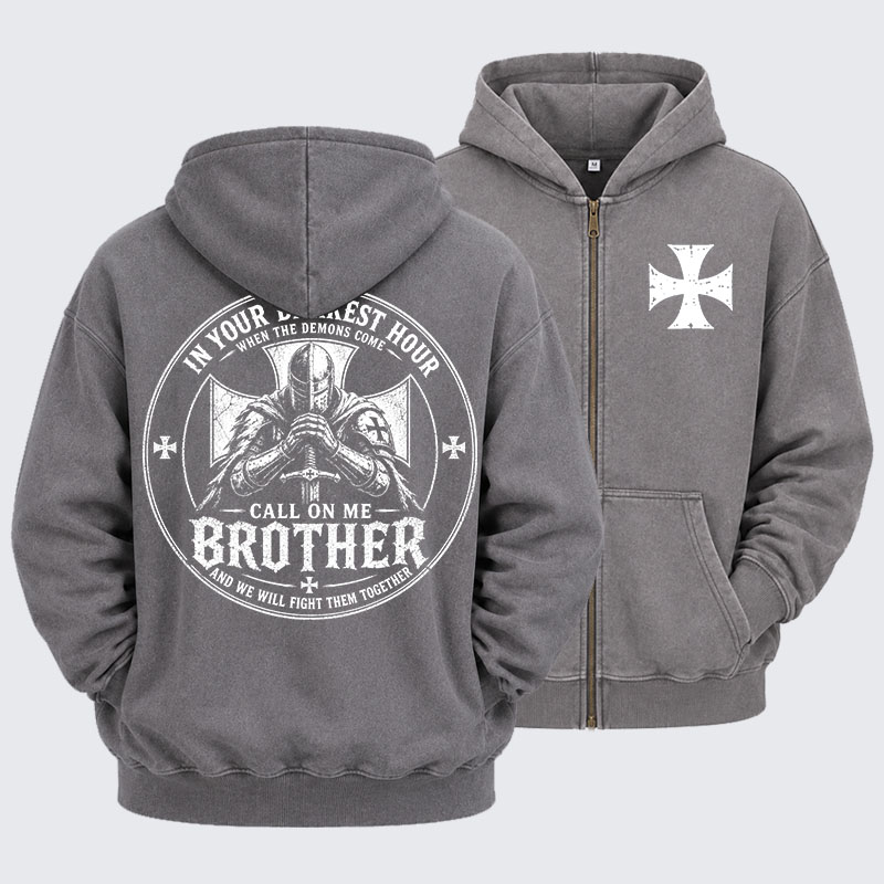 Washed Zip-Up Hoodie - Call On Me Brother – Knights of Faith