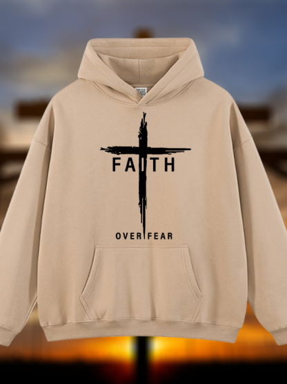 Faith Over Fear Cross Jesus God Christian Plush Fleece-Lined Hoodie